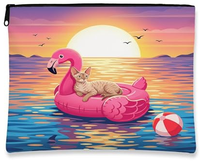 Funny Devon Rexs Cats Makeup Bag, Flamingos Lifebuoys Sea Printed Cosmetic Travel Pouch for Women, Pet Portable Small Canvas Zipper Organizer 7x9 Inch