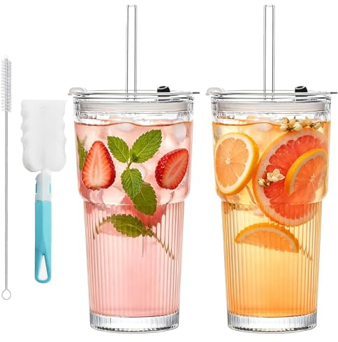 OUTALIZ Bicchieri in Vetro Scanalato con Coperchio E Cannuccia, Bicchiere in Vetro a Righe con Coperchio E Cannuccia, 600 Ml, Vetro Matcha, con Pennello per La Pulizia, per Tè, Frullati (Set da 2)