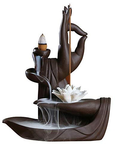 YYW Backflow Räucherstäbchen Brenner, handgemachte Wasserfall Backflow, Räucherstäbchen Halter für Büro Home Schlafzimmer Yoga Dekoration mit 20-pcs Kegeln (Lotus Hand)