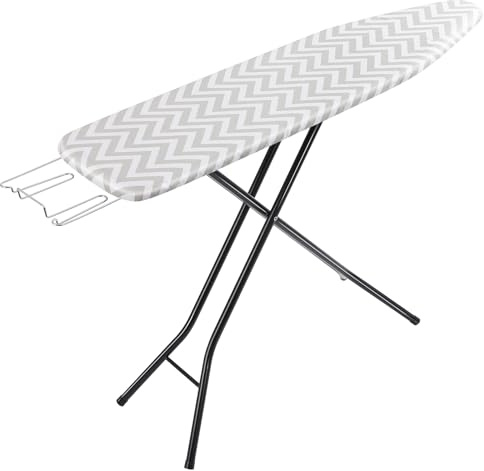 Amazon Basics Height Adjustable Full-Size Foldable Ironing Board, 4-Leg Fold-Up, Chevron Removable Cover, 60 x 14 x 38