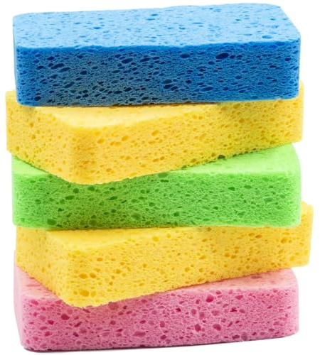 Temede Large Cellulose Sponges, Kitchen Sponges for Dish, 1.2 Thick Heavy Duty Scrub Sponges, Non-Scratch Dish Scrubber Sponge for Household, Cookware, Bathroom, Compressed Packaging 5pcs