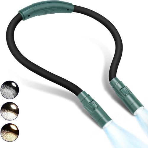 3 Colours Neck Reading Light for Knitting, Hand Crafting, Crochet - Round LED Book Lamp for Reading in Bed at Night, USB Rechargeable Battery for 80+ Hours Working (Dark Green)