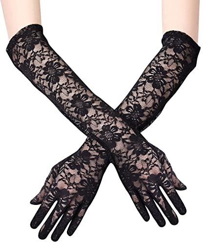 KINBOM Guantes Largos de Encaje para Novia, Boda, Fiesta de Té, Disfraces de los Años 20, Mascarada - Estampado de Flores, Un Par, Longitud 44cm (Negro)