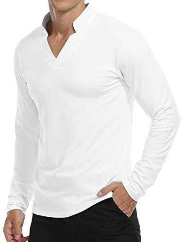 KUYIGO Kortärmad pikétröja för män med ståkrage casual slim fit bomull-t-shirt S-XXL, A-långa ärmar vit, XL