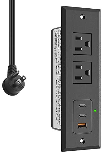 CCCEI Recessed Power Strip with Two USB-C Ports, Fast Charging USB A Port Desk Outlet, Black Furniture Hidden Charging Station for Side Table, End Table, with 6 FT 45 Degree Flat Plug Extension Cord.