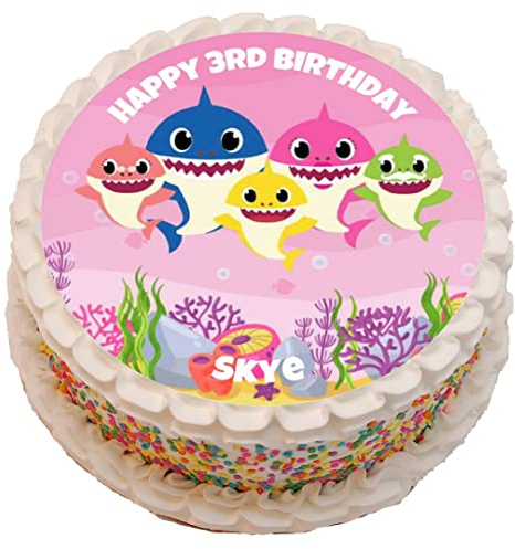 Cute Shark Personalised PRECUT Cake Topper 7.5 Inch Round Edible Icing Sheet Birthday Decoration