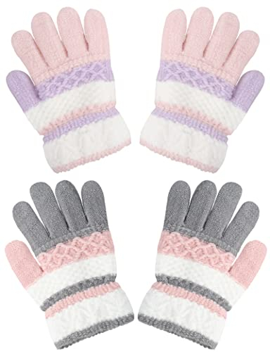 Becellen 2 Paar Handschuhe Kinder Winter, Vollfinger Warme Strickhandschuhe Thermo Bunte Stricken Fingerhandschuhe für Mädchen 4-10 Jahre Alt