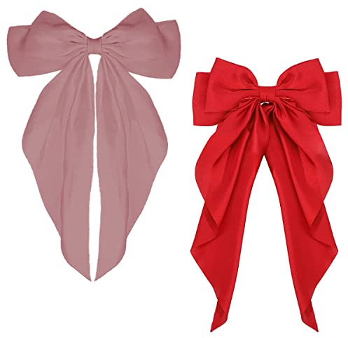 ZEVONDA Pack of 2 Big Bow Hair Clips - Solid Color Large Bowknot Hairpin Hair Clip with Long Silky Satin Tail Hair Barrettes Accessories for Girls Women, Red + Pink