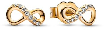 PANDORA Orecchini a bottone Moments con simbolo dell'infinito placcati in oro 14k con zirconi cubici trasparenti