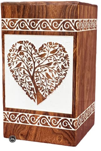 Urne Funéraire en Palissandre pour Cendres Humaines - Arbre de Vie, Cœur en Bois pour Femme - XL 35,6 x 19,5 cm (H x l), Blanc Palissandre