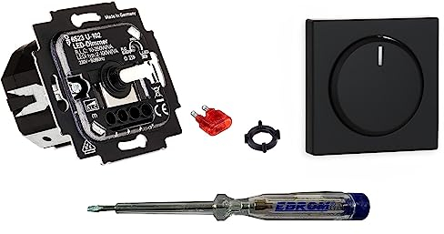 Busch Jäger 6523U-102 LED-Drehdimmer LED-Dimmer mit Dimmerscheibe Zentralplatte 6540-885-102 in Schwarz Matt inklusive EBROM Phasenprüfer zur Montage des Dimmers (6523 U – 102)