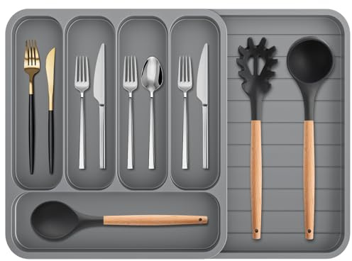 Betoores Large Expandable Cutlery Tray - 6 Compartment Plastic Drawer Organiser, 53x35cm, Grey