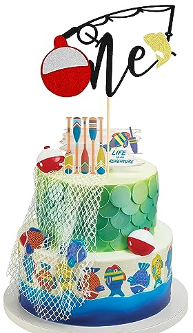 Arthsdite Décoration de gâteau « Fishing One » - Décorations de fête d'anniversaire pour 1er anniversaire - Décoration de gâteau sur le thème de la pêche en plein air - Décorations de fête