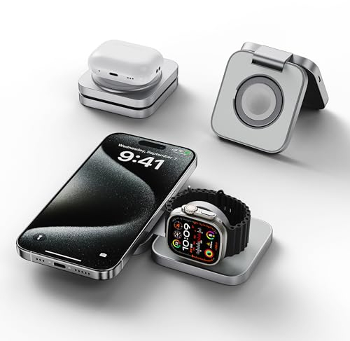 LULULOOK Aluminium 2 in 1 Faltbar Kabelloses Ladestation, Magnetisch Kabelloses Ladegerät für iPhone 16 Pro Max/16, 5W Schnelles Aufladen für Apple Watch Ultra 2/Ultra, AirPods, Mehrere Geräte(Silber)