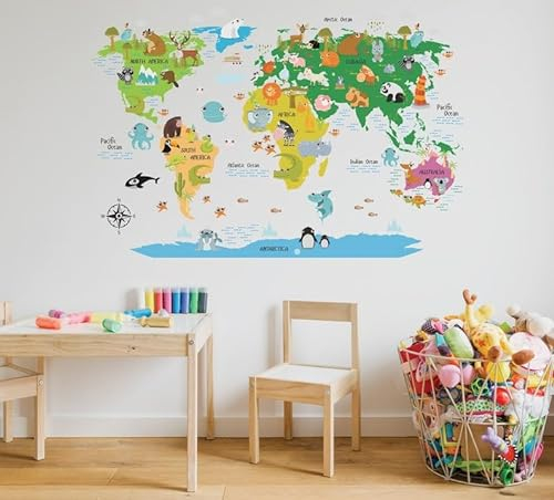 Weltkarten-Aufkleber - Kinderzimmer Wandtattoo - Geographie-Aufkleber für Kinderzimmer - Bildende Weltkarte Wandkunst - Dekoratives Vinyl für Kinderzimmer (27x40 cm)