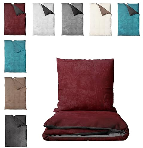 one-home Winter Bettwäsche Unifarben Teddy Plüsch Cashmere Touch Nicki Coral Fleece Flauschig Kuschelig Warm Weich, Farbe:Wende Bordeaux/anthrazit, Größe:4 teilig 135x200 cm