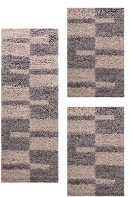 Carpetsale24, Set 3 Tappeti Shaggy Tortora per Camera da Letto – Pelo Lungo, Motivo a Quadri – 2x 60x110 cm + 1x 80x150 cm – Morbidi e Facili da Pulire