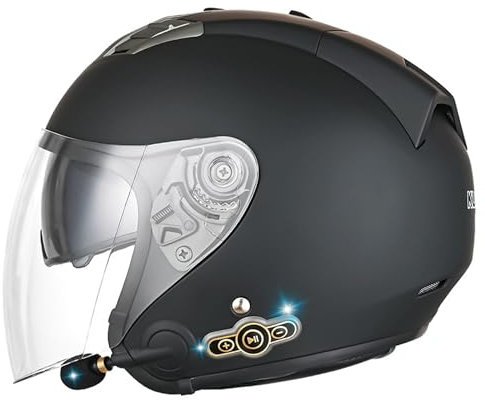 Motorradhelm Halbschalenhelm Bluetooth Jet-Helm,Deutscher Stil Roller Cruiser Anti-Collision Helm Mit Visier Offener Helm Sturzhelm ECE Zertifiziert Für Damen Und Herren 2,XL:61-62CM
