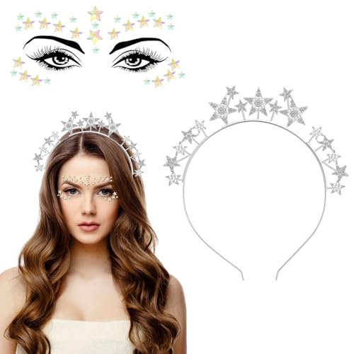 Sterne Haarreif, Strass Haarband Silber Stern Stirnband con Sterne Gesichtstattoo Geburtstag Party Kostüm Haarreifen Karneval Haarreif Halloween Cosplay Maskerade Glitzer Haarschmuck für Damen Mädchen