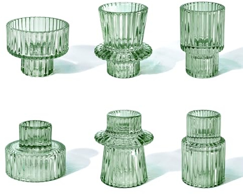 Toptime Kerzenhalter Glas, 6er Set Teelichthalter Grün Transparent für Stabkerzen und Teelichter, 2 in 1 Kerzenständer Klarglas für Tischdeko, Kristall Teelichtgläser für Hochzeit, Geburtstag, Party