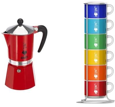 Bialetti 4963 Cafetière Italienne, Aluminium, Rouge, 6 Tasses & Six tasses empilables, multicolore, porcelaine