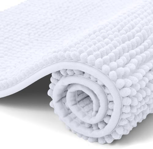 OLANLY Chenille Badematte rutschfest Badezimmerteppich, 50x80 cm | Waschbar Badteppich Badvorleger Saugfähige Duschvorleger Badezimmer Deko, Weiß