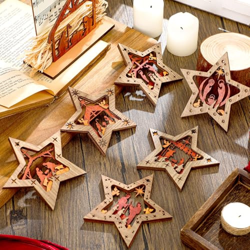 Spiareal Weihnachtskrippen-Ornamente, religiöse, christliche Geschenke, Holz, hängende Ornamente, Stern, Krippe, Andenken, die Geburt Jesus, Dekoration für Weihnachten (helle Farbe), 12 Stück
