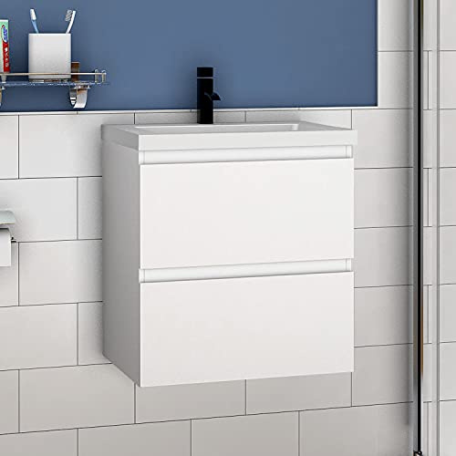 Acezanble 600mm Bathroom Vanity Unit With Wash Basin Thick Ceramic Sink, 2 Drawers, High Gloss White, Cloakroom Storage Furniture Under Basin Cabinet, Wall Hung Cabinets