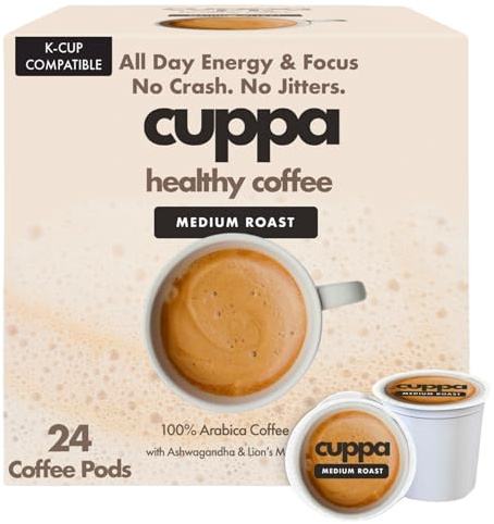Cuppa Medium Roast Mushroom Coffee with Adaptogens & Superfoods - Lion’s Mane, Ashwagandha & Cordyceps. Adaptogens + MCT to support natural energy, mental focus & gut health (24 Servings)