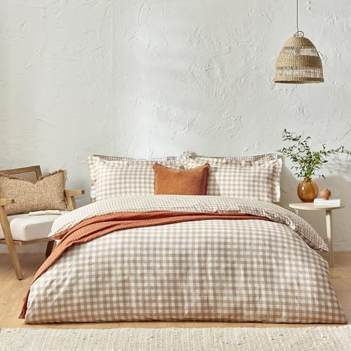 furn. Yard Barton Gingham Check Duvet Cover Set - 100% Cotton, Reversible, Oxford Pillowcases, Soft & Breathable Premium Bedding (King - Biscuit)