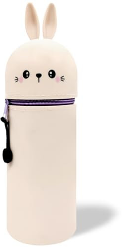 DGTSYAL Kawaii Federmäppchen, mäppchen, 2-in-1 Weiche Silikontasche, Cartoon Federmäppchen, Stand Up Federmäppchen, Stifte Mäppchen, Stifthalter Bleistifttasche Mädchen Junge (Weißes Kaninchen)