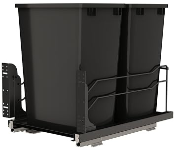 Rev-A-Shelf Steel Double Pullout Waste Container with Soft-Close, 35 Quart, Black - Sliding Garbage Bin System with Dual Trash Can for 18 Home Kitchen Base Cabinet, 53WC-1835SCDM-218