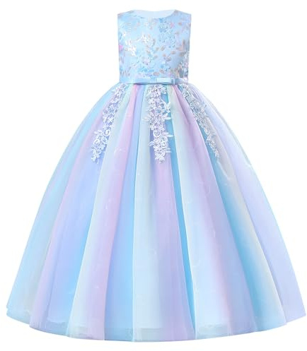 IWEMEK Robe De Mariée Princesse Sequins Fille Enfant Ceremonie Mariage Longue de soirée Arc-en-Ciel colorées imprimées en 3D Bapteme de Communion d'anniversaire du Soir Bleu 140