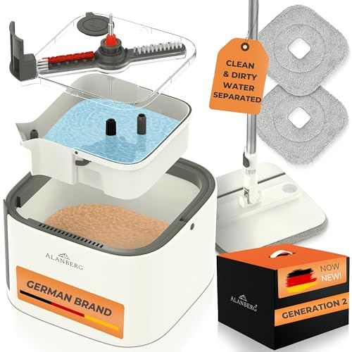 Serpillière et Seau Essoreur – Gén 2 – Système à 2 Compartiments avec Réservoir Amovible, Mop Plat Auto-essorable 360° avec Rouleau Ramasse-Poils et 2 Tampons Microfibre, Blanc – ALANBERG®