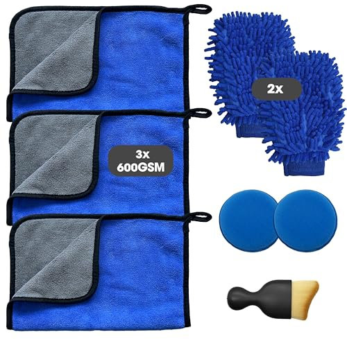 Hhverse 8 Pcs Car Wash Cleaning Kit with 3 Microfibre Cleaning Cloth 2 Microfibre Wash Mitt 600GSM Dual-Sided Ultra Soft Drying Towels and Gloves for Car Washing Polishing Household