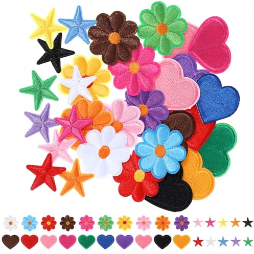 30 Stück Bügelbilder Kinder, Blume Patches zum Aufnähen, Stern Aufbügelflicken Herzen Patches zum Aufbügeln Bunt Bügel Patch für DIY Textilien Kleidung Jeans Dekoration Hut