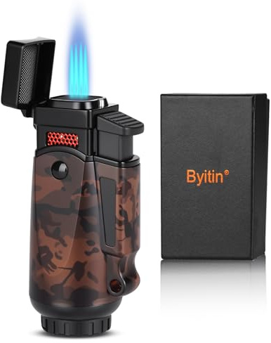 Byitin 4 Flame Windproof Butane Lighter Refillable, Jet Lighter Torch with Big Visible Gas Tank & Adjustable Flame, Gift for Men (Without Gas)