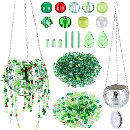 Potchen 1260 Pcs DIY Beaded and 6 Inch Mirror Disco Ball Planter Set, Glass Beads Planter Making Kit with Hanging Rope Green Nature Series Colorful Crystal Leaf Jewelry Beads for Disco Planer Crafts