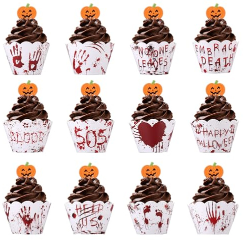 36pcs Enveloppes à Cupcakes Halloween, Effrayantes Taches Sang & Empreintes Mains Sanglantes Cercles à Cupcakes pour Décorations Fête Halloween Fournitures Pâtisserie Présentations Desserts