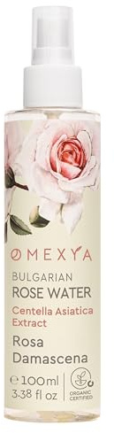 OMEXYA Rosenvattenspray 100 ml, Rosa Damascena Ansiktsvatten med Centella Asiatica, Naturlig Toner och Uppfriskande Ansiktsspray, Fri från Alkohol och Tillsatser, för Alla Hudtyper, Rosa