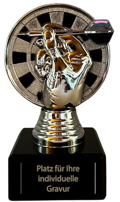 eberin Darts Pokal 13 cm - Trophäe mit Dartpfeil & Scheibe auf Marmorsockel | Robuste Dartfigur inklusive Gravurschild, 360 g schwer, ideal für Turniere und Vereine, fertig montiert zur Übergabe