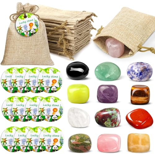 12 Glückssteine für Kinder，Achtsamkeitssteine mit Positiven Affirmationen im Jutesäckchen Gegen Ängste & für Mehr Selbstvertrauen, Ideales Kindergeburtstag ab 3 Jahren Partygeschenke.Geschenke Kinder
