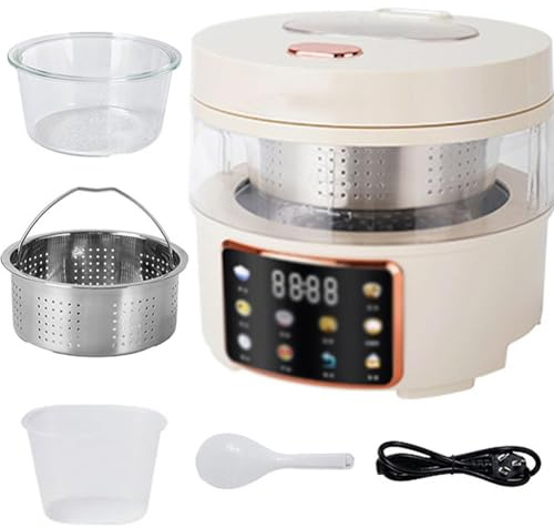 Olla arrocera de vidrio de 2,5 L, 400 W con olla interior de vidrio y cesta de filtro automático, temporizador de 24 horas, control digital + mantener caliente, para arroz/granos/avena