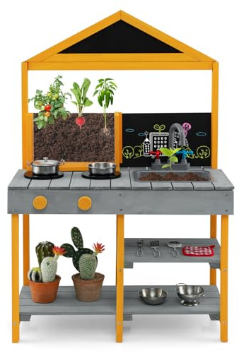 Maxmass Kids Mud Kitchen, Outdoor Wooden Children Play Kitchens with See-Through Planter Box, 2 Chalkboard, Sink, Faucet, Garden Toddler Toy Kitchen Cooking Playset for 3+ Years Old (Grey+Yellow)