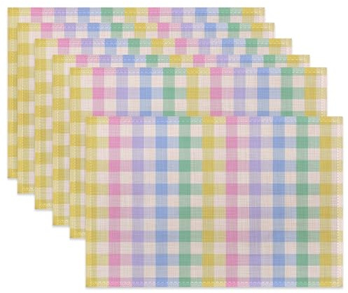 Colorful Checkered Table Placemats Set of 6,Non-Slip Easter Holiday Fabric Placemats for Dining Room Kitchen Party Holiday, Indoor Cloth Table Mats for Home Decor 11.8x17.7 Inch