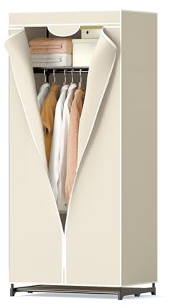 COSTWAY Kleiderschrank Stoff, Stoffschrank mit Kleiderstange & Ablage, Stoffkleiderschrank, Faltschrank, Textilkleiderschrank für Wohnzimmer, Schlafzimmer, Keller, 74 x 50 x 172 cm (Beige)