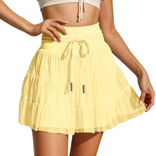 2026 Falda de pantalón de mujer con cordones falda de malla media falda plisada de alta calidad, amarillo, S