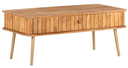 Foknhdi Couchtisch 100x50x40 cm Akazie Massivholz honigfarben mit Messing-Beinen, Vintage Wohnzimmertisch mit Schublade, platzsparender Beistelltisch für Living Room Bedroom Flur