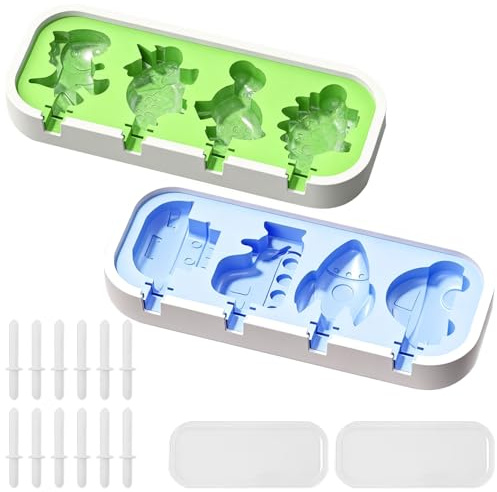 YXHZVON 2 Moules Glace Silicone 4 Cavités Dinosaure Forme avec 12 Batonnet | Silicone de Qualité Alimentaire Sans BPA Bac à Glace Maison pour Enfants Idéal pour le Congélateur et lave-Vaisselle