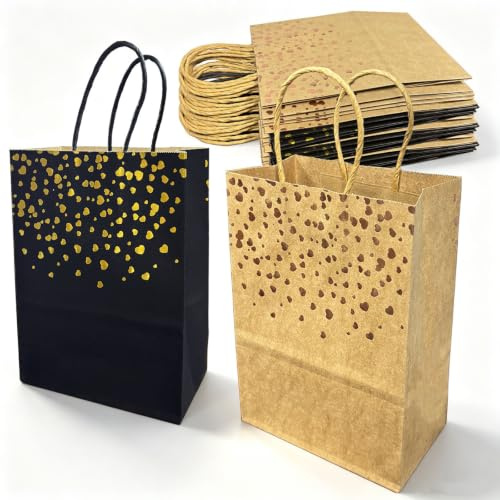 QQdou 20 Stück Kleine Krafttaschen mit Henkel, 21 x 15 x 8 cm Geschenktüten mit Gold Herz Verzierung, Papiertüte, Kraftpapier Tüten, für Ostern Geburtstag Hochzeit DIY（Schwarz und Braun
